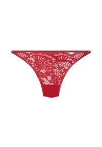 String rouge en dentelle avec des motifs floraux et un panneau lisse à l'arrière. Des sangles élastiques fines complètent le design global.