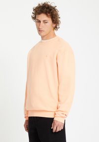 Sweatshirt de couleur pêche avec un col rond, des poignets et un ourlet côtelés. Présente un petit logo doré sur la poitrine. Matière en coton doux.