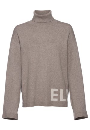 Beige Rollkragenpullover mit lockerer Passform, gerippten Bündchen und einem weißen "EL"-Druck auf der unteren Seite. Weiche, gestrickte Textur mit entspanntem Design.