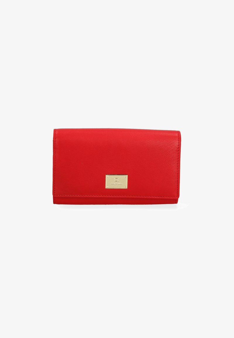 Red leather wallet with a smooth texture, rectangular shape, gold hardware accent, and a small metal logo plate on the front.