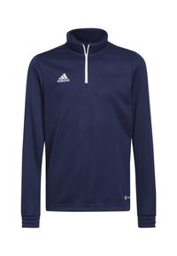 Pull-over de sport à manches longues couleur marine, fabriqué en tissu lisse, doté d'un col zippé, d'un logo blanc sur la poitrine gauche et de poignets côtelés.