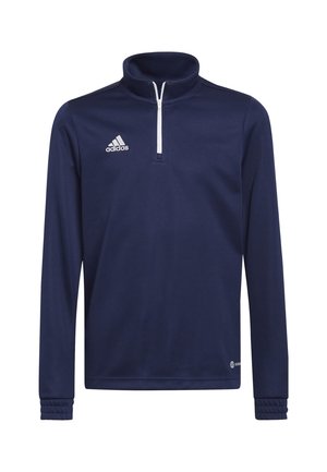 Pull-over de sport à manches longues couleur marine, fabriqué en tissu lisse, doté d'un col zippé, d'un logo blanc sur la poitrine gauche et de poignets côtelés.
