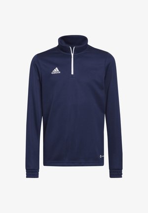 Pullover atletico a maniche lunghe di colore navy, realizzato in tessuto liscio, presenta un colletto con zip, logo bianco sul lato sinistro del petto e polsini a coste.