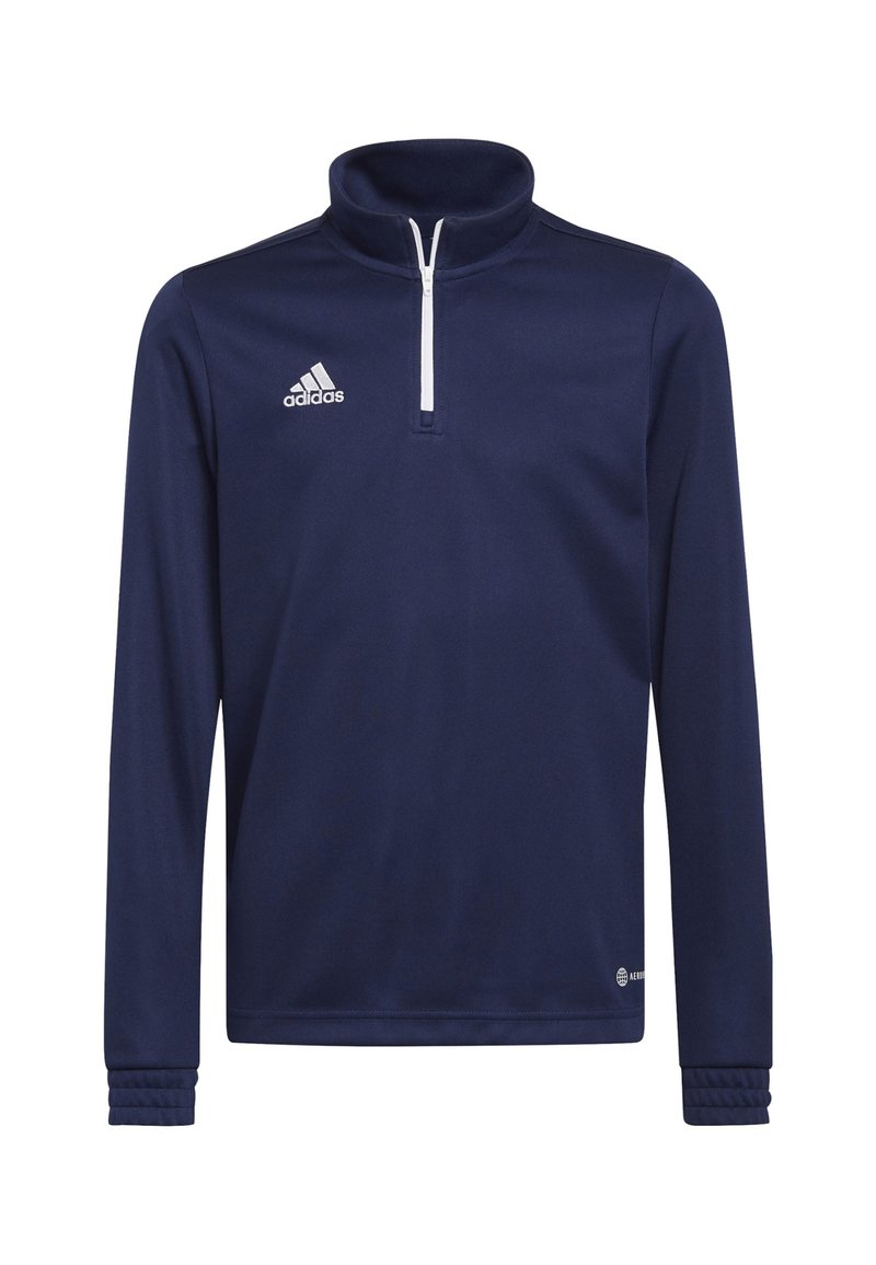 Pull-over de sport à manches longues couleur marine, fabriqué en tissu lisse, doté d'un col zippé, d'un logo blanc sur la poitrine gauche et de poignets côtelés.