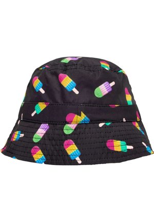 Chapeau bob noir orné de motifs de sucettes glacées colorées en rose, jaune, bleu, vert et violet dispersés sur le tissu.