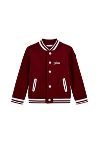 Burgunderfarbene Collegejacke mit weiß gestreiftem Kragen, Bündchen und Saum. Verfügt über eine Knopfleiste und zwei Fronttaschen. "Guess"-Logo auf der Brust gestickt.