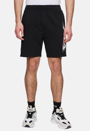 Black cotton jersey shorts with an elastic waistband, straight cut, and white graphic detailing on the left side.