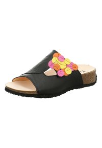 Schwarze Rutschsandalette mit offener Zehenpartie und ausgeschnittenem Design, mit einem mehrfarbigen Blumenakzent in Pink, Gelb und Orange. Korkzwischen Sohle.