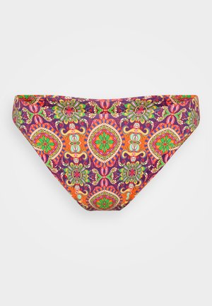 Slip bikini multicolore con un motivo floreale in vivaci tonalità di viola, verde, arancione e rosa, realizzato in tessuto morbido.