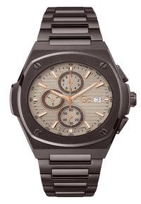Orologio cronografo con cassa in metallo grigio scuro, quadrante in tonalità argento e rosé, motivo testurizzato e bracciale in acciaio inox.