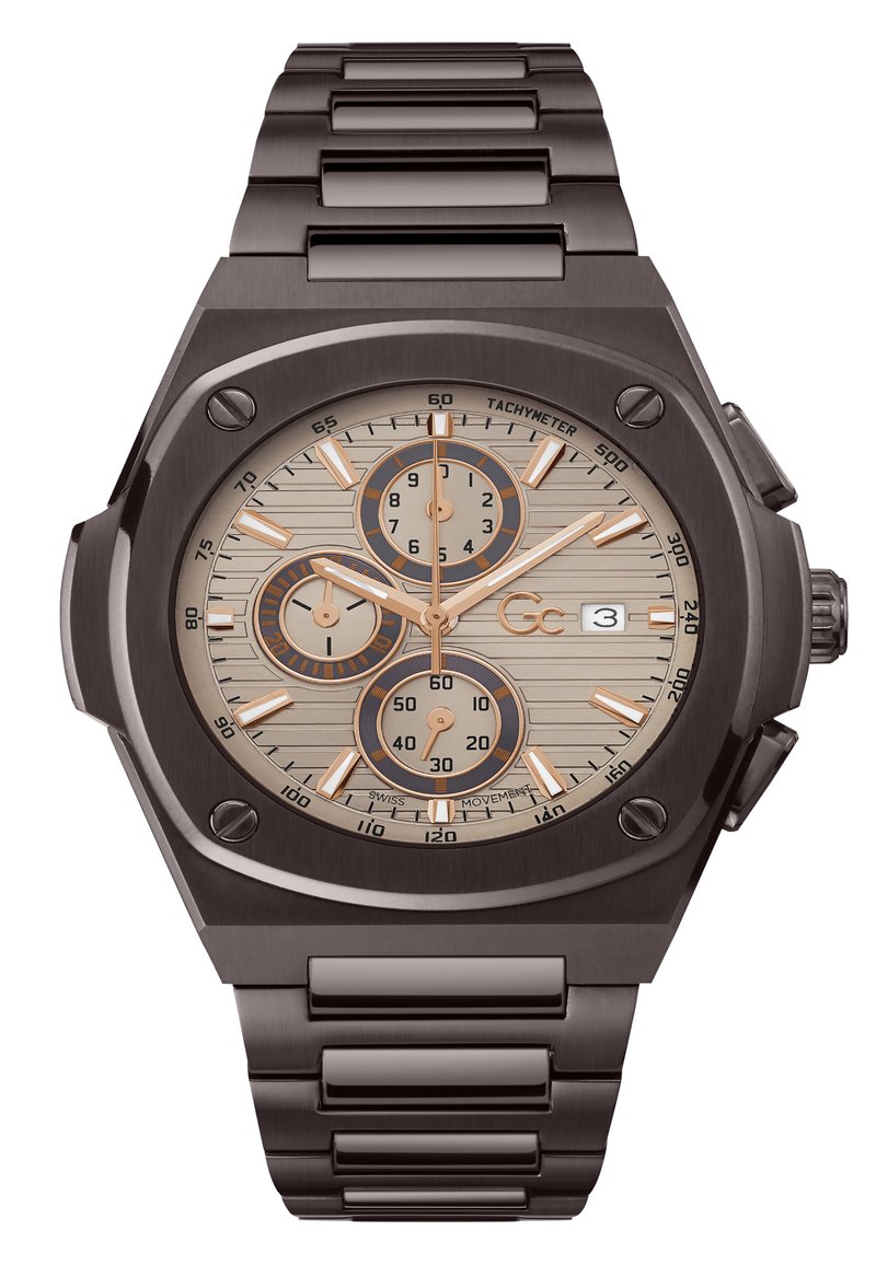 Orologio cronografo con cassa in metallo grigio scuro, quadrante in tonalità argento e rosé, motivo testurizzato e bracciale in acciaio inox.