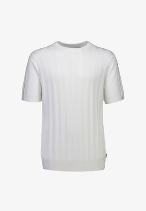 Maglione bianco a maniche corte in maglia con sottile motivo a coste verticali e scollatura rotonda, esposto su uno sfondo bianco uniforme.