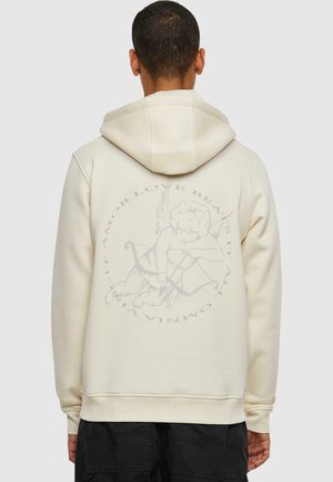 Crewneck hoodie in off-white fabric, featuring a large gray graphic of Cupid with text around it. Loose fit with a front pocket.