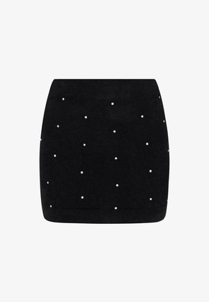 Gonna mini nera realizzata in tessuto morbido, decorata con piccoli strass sparsi. Texture liscia con una silhouette aderente.