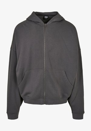 Grauer Reißverschluss-Hoodie mit Kordelzugkapuze, Fronttaschen, weiten Ärmeln sowie gerippten Bündchen und Saum. Glatte Stoffoberfläche.