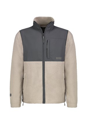 Fleece jacket featuring a beige lower body and gray upper panel. It has a zippered chest pocket and adjustable hem. Soft texture throughout.