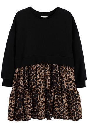 Schwarzes Langarmkleid mit einem strukturierten Strickoberteil und einem Rüschensaum im Leopardenmuster, mit rundem Ausschnitt und elastischen Ärmelbündchen.