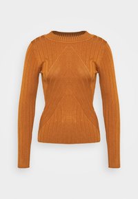 Gestreifter Langarmpullover in warmem Orange mit tailliertem Design, das ein strukturiertes Muster und einen runden Ausschnitt aufweist.