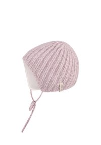 Knit hat in soft pink with a textured ribbed pattern, featuring a cozy white lining and adjustable tie for secure fit.