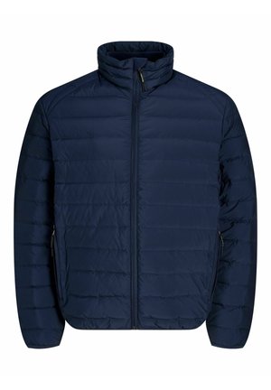Marineblaues Steppjacke mit hohem Kragen, quer gestepptem Muster, Frontreißverschluss und seitlichen Reißverschlusstaschen. Glattes Nylonmaterial.