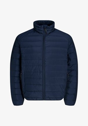 Marineblaues Steppjacke mit hohem Kragen, quer gestepptem Muster, Frontreißverschluss und seitlichen Reißverschlusstaschen. Glattes Nylonmaterial.