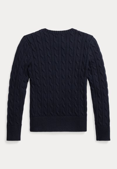 Sweater de malha em azul-marinho com um padrão texturizado, gola ribada e punhos. Design simples com mangas longas e gola redonda.