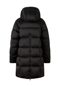 Černá prošívaná bunda s kapucí, má prošívaný design, přední zapínání na zip a logo na zadní straně. Hladký, lesklý povrch.