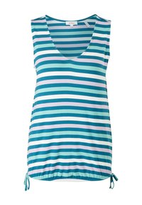 Haut sans manches à rayures en turquoise, bleu clair et blanc. Il présente un col en V et des cordons latéraux ajustables à l'ourlet pour une coupe ajustée.