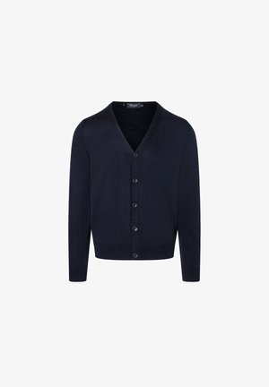 Navy blue cardigan made of soft material, featuring a V-neck, six buttons down the front, and ribbed cuffs and hem.