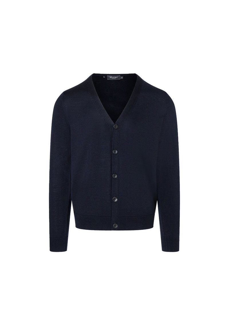 Marineblauer Cardigan aus weichem Material, mit V-Ausschnitt, sechs Knöpfen in der Front und gerippten Bündchen und Saum.