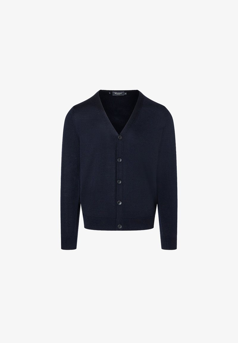 Marineblauer Cardigan aus weichem Material, mit V-Ausschnitt, sechs Knöpfen in der Front und gerippten Bündchen und Saum.