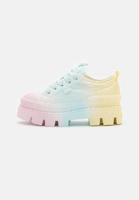 Platform sneakers with a gradient design transitioning from pink to blue to yellow. Features a textured rubber sole and lace-up closure.