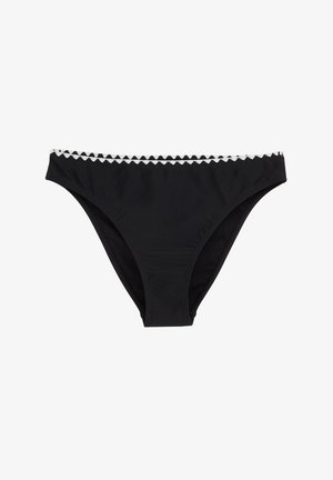 Black bikini bottom with a smooth texture, featuring a scalloped white trim along the waistband. Classic brief cut design.