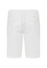 White cotton shorts with a straight cut. Features two back pockets with buttons and subtle stitching details. Smooth texture and clean design.