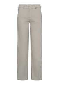 Lichtgrijze wijde broek van gladde stof, met een sluiting met een knoop aan de voorkant en twee zijzakken voor functionaliteit.
