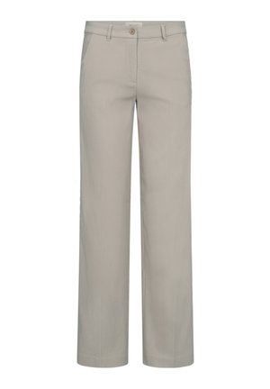Lichtgrijze wijde broek van gladde stof, met een sluiting met een knoop aan de voorkant en twee zijzakken voor functionaliteit.
