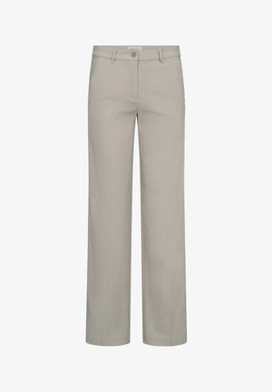 Lichtgrijze wijde broek van gladde stof, met een sluiting met een knoop aan de voorkant en twee zijzakken voor functionaliteit.