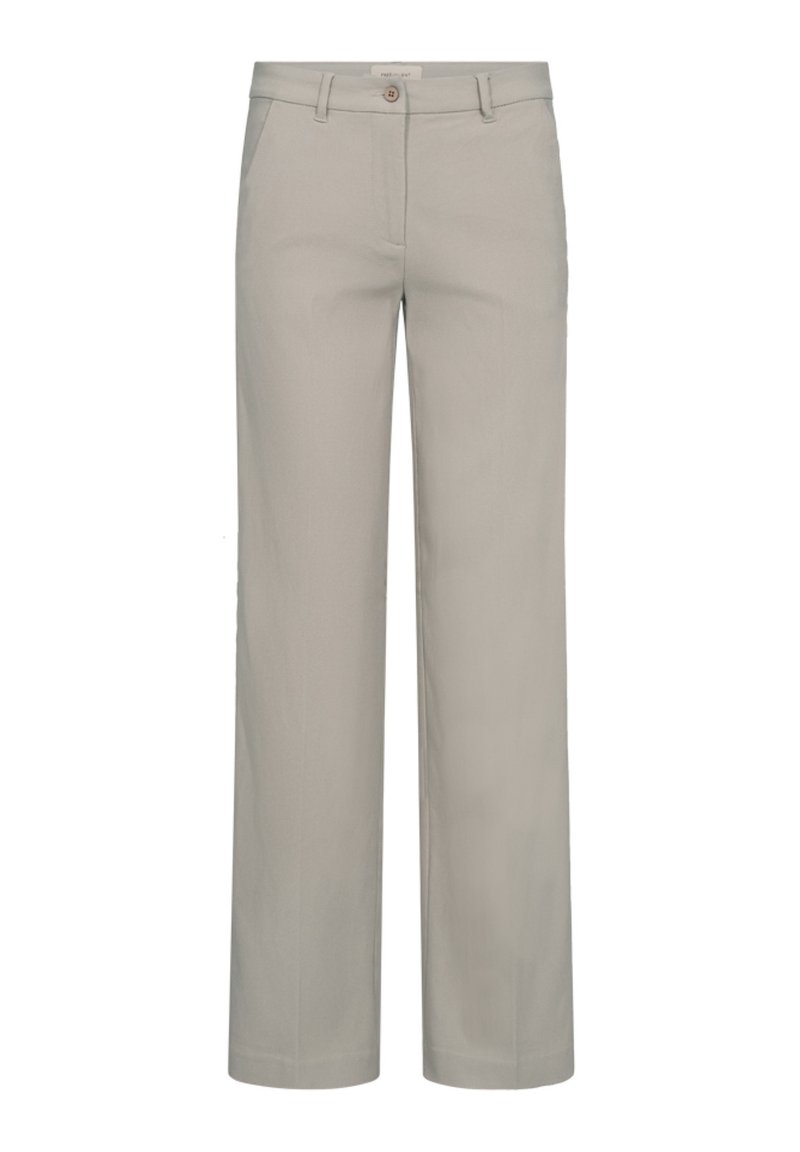 Lichtgrijze wijde broek van gladde stof, met een sluiting met een knoop aan de voorkant en twee zijzakken voor functionaliteit.