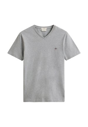 T-shirt grigio chiaro a maniche corte con scollo a V, piccolo logo ricamato sul petto sinistro e etichetta di tessuto con il marchio all'interno del colletto.