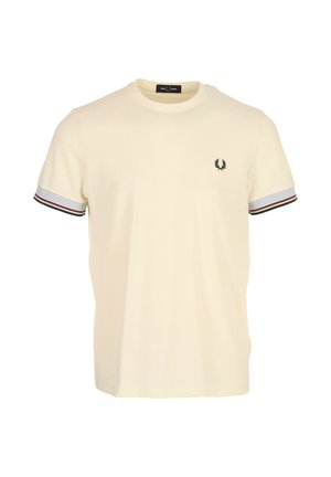 Crèmekleurig T-shirt met korte mouwen en ronde hals, klein zwart lauwerkranslogo op de linkerborst en gestreepte bies op de mouwranden.