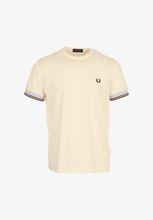 Crèmekleurig T-shirt met korte mouwen en ronde hals, klein zwart lauwerkranslogo op de linkerborst en gestreepte bies op de mouwranden.
