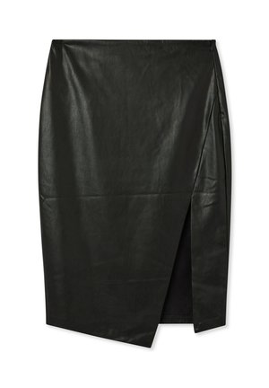 Gonna nera in pelle con un design aderente, dotata di uno spacco frontale e una superficie liscia. Nessun hardware o motivo visibile.