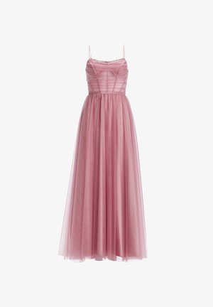 Abito in tulle rosa con corpetto aderente, spalline sottili e gonna svasata. Presenta un design arricciato e un collo decorato.