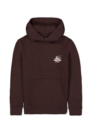 Donkerbruine hoodie met steekzak, geribde boorden en een kleine witte helikopter en "New York" logo op de linkerborst.