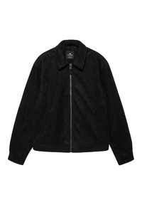 Černá bunda na zip s límcem, dlouhými rukávy, bočními kapsami a měkkým semišovým vzhledem, rozložená na bílém pozadí.