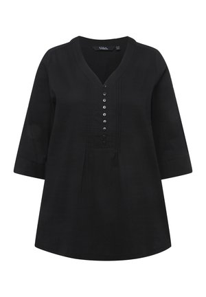 Tunique noire avec un col en V, des manches trois-quarts, une patte de boutonnage et un tissu texturé. Design simple avec une coupe décontractée.