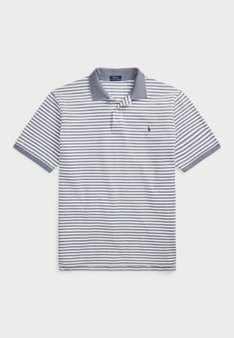 Nöörmustriga polo-särk tumesinises ja valges värvitoonis, klassikalise kraega, lühikeste varrukatega ning väikese tikitud logoga vasakul rinnal.