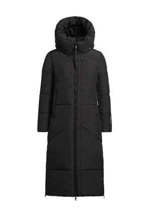 Črna napihnjena jakna z visokim ovratnikom in kapuco, z zadrgo spredaj, dvema stranskima žepoma ter dolgim, ravnim dizajnom s šivanim vzorcem.