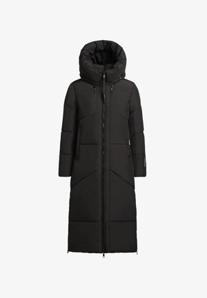 Črna napihnjena jakna z visokim ovratnikom in kapuco, z zadrgo spredaj, dvema stranskima žepoma ter dolgim, ravnim dizajnom s šivanim vzorcem.