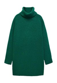 Pull à col roulé en tricot vert avec une coupe décontractée, présentant une texture côtelée et des manches longues. Tissu lisse sans motifs ni accents visibles.